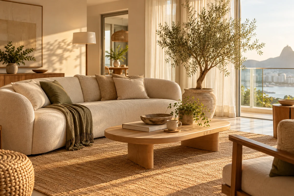 Sala de estar acolhedora, com luz natural, plantas e móveis em tons claros.
